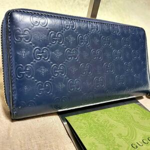 美品/現行モデル● GUCCI グッチ メンズ ビジネス 長財布 ラウンドファスナー GG柄 エンボスロゴ ビー 蜂 レザー 本革 ネイビー 紺色