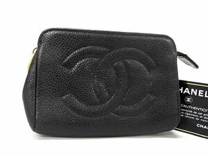 1円 ■美品■ CHANEL シャネル ココマーク キャビアスキン メイクポーチ マルチケース 小物入れ レディース ブラック系 AX6144