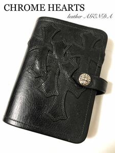 正規 CHROME HEARTS LEATHER AGENDA クロムハーツ 4セメタリー クロスパッチ ヘビーレザー アジェンダ 黒革の十字架手帳 付属品 専用袋★