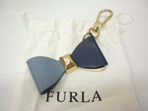 FURLA フルラ リボン バッグチャーム ブルー系 キーホルダー　a