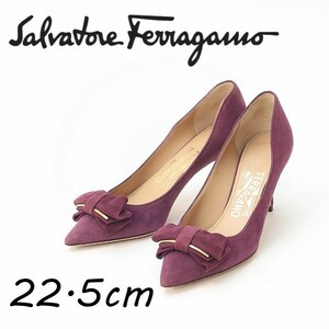 ◆Salvatore Ferragamo サルヴァトーレフェラガモ スエード リボン ゴールド金具 ポインテッドトゥ ヒール パンプス 紫 パープル 5