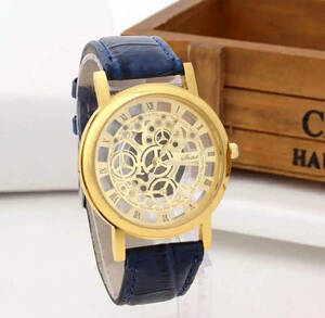 腕時計 時計 ギリシャ文字 ステンレス レザー ベルト 革 アナログ メンズ クォーツ 時計 男女兼用 ゴールドフレーム　ブルー　1