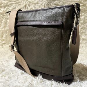 超希少★COACH コーチ ボディバッグ ショルダー サコッシュ 斜め掛け ビジネス レザー シボ革 肩掛け 大容量 通勤 メンズ カーキ系