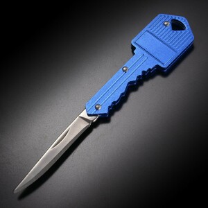 キーホルダーナイフ 鍵型 スチール [ ブルー ] カギ型 折りたたみナイフ 折り畳みナイフ キーナイフ ミリタリー アウトドア