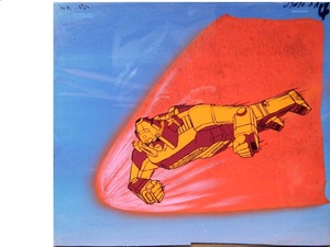 なつかしのロボットアニメ　聖悠紀さんキャラデザイン「闘将ダイモス」⑩機体が真っ赤になるダイモス◇手描き背景つき重ねセル画です　