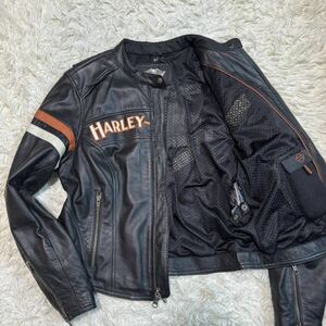 極美品 Mサイズ HARLEY DAVIDSON ハーレーダビッドソン レザージャケット ライダース シングル ブラック バイカー ロゴ ストライプ メンズ