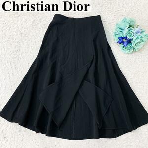 美品 丈80cm ● Christian Dior クリスチャンディオール ロングスカート フレア 黒 ブラック ● レディース 毛 ウール