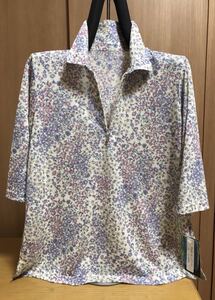 [新品] 激安・在庫処分　M レディースポロシャツ　ミセスポロシャツ　婦人ポロシャツ　7分袖　バンブー素材　日本製　13番白地花柄