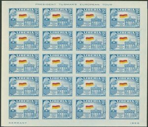 外国切手　リベリア　未使用　1958年　タブマン大統領訪欧　ドイツ　無目打　黒印刷モレエラー　20面シート
