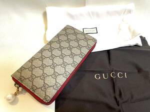 未使用・美品 ★ GUCCI グッチ長財布 ジップアラウンド ウォレット GGスプリームキャンバス エボニー/ベージュ レッド 431477 