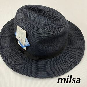 milsaミルサ　紺ネイビー　中折れ麦わら帽子　サイズ57.5cm UVカット　激サラッ　快適素材　サイズ調整可能　ストローハット