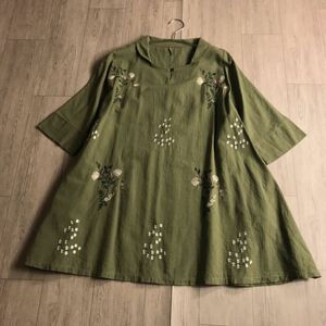 100円スタート♪ クロイス　刺繍デザイン　横幅ゆったり　体型カバー　チュニック　ワンピース　グリーン系