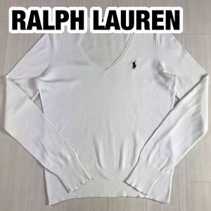 RALPH LAUREN ラルフローレン 長袖ニット セーター M ホワイト 刺繍ポニー Vネック