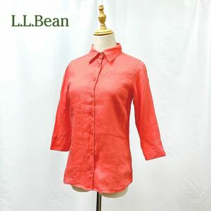 Z254 リネン 100％ L.L.Bean エルエルビーン 美品 麻 今夏重宝 7分袖 シャツ レディース ピンク オレンジ S!!