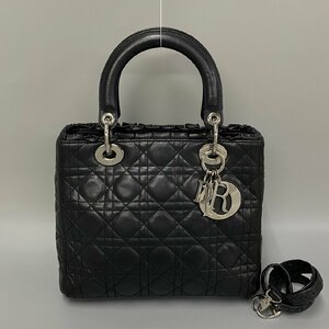 1円 極 美品 希少品 Christian Dior レディディオール カナージュ フリル レザー 2way ハンドバッグ ショルダーバッグ ブラック 29121