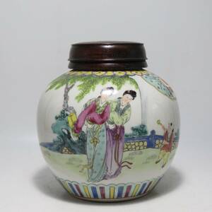 中国 唐物 古瓷 時代物 清代粉彩仕女紋茶葉罐