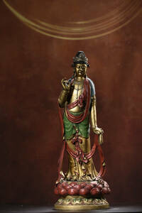 ▽鴻▽ 銅製 金鍍 彩繪 觀音菩薩像 置物 古賞物 中国古玩 中国古美術