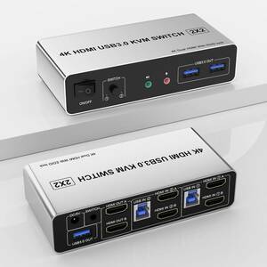 4K USB 3.0 HDMI デュアル モニター KVMスイッチ 2 ポート ディスプレイ切替器 2モニター 2コンピューター