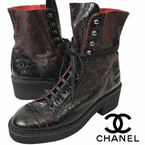 j88 CHANEL シャネル ココマーク ショートブーツ レースアップ レザー シューズ ブラック レッド シワ加工 36.5 本革 正規品　イタリア製