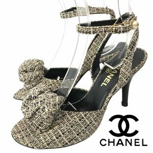 j264 可愛い! レア CHANEL シャネル ツイード サンダル ココマーク パール アンクルストラップ オープントゥ 38 イタリア製 正規品 良品