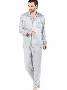 [ユメカイロウ] シルクパジャマ メンズ 紳士用 ブランド シルク100％ 男性用 シルバー 刺繍＆パイピング