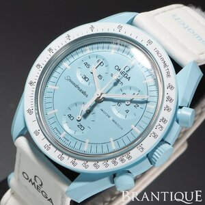 ◆人気シリーズ◆ OMEGA×swatch S033L100 MISSION TO URANUS ミッショントゥウラヌス 水色 QZ クロノグラフ 箱 メンズ 腕時計 「23915」