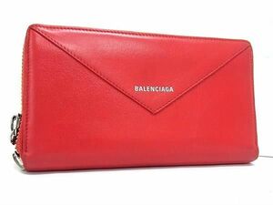 1円 ■美品■ BALENCIAGA バレンシアガ 381226 ペーパー コンチネンタル レザー ラウンドファスナー 長財布 ウォレット レッド系 BK1686