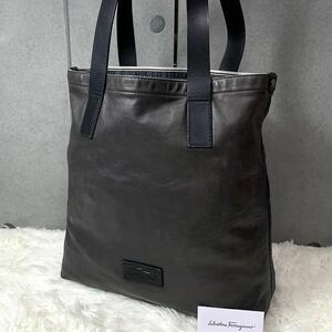 1円 極希少 ● Salvatore Ferragamo フェラガモ メンズ トートバッグ ショルダー ロゴ オールレザー 革 グレー系 灰色系 A4収納 肩掛け