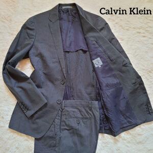 1円～ 美品 Calvin Klein カルバンクライン スーツ セットアップ シルク 絹 XL相当 ブラック 黒 メンズ 2B ストライプ CK センターベンツ