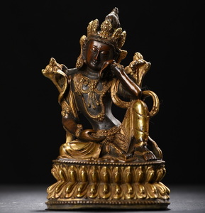 旧蔵 中國 清代 チベット仏教 銅製塗金 自在観音 仏像 仏教古美術 供養品 細密彫 時代物 置物 中国古美術 TWB12