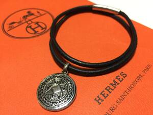 【HERMES】エルメス 直営店購入 美品・稀少 トゥアレグ レザー ブラック ネックレス ペンダント トップ シルバー925 全長47cm程 格安 特価