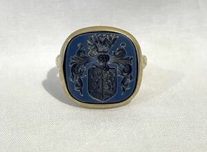 フランス 騎士 インタリオ リング 印章 紋章 19世紀 アンティーク 指輪 シュバリエ 貴族 シグネットリング 15 16号 アゲート 瑪瑙 紺　黒