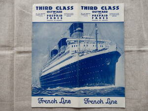 1929年2月1日発行「フレンチライン」三等パンフレット(英字)　French Line THIRD CLASS OUTWARD　23×21.5㎝程　AC893