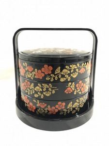 ■合成漆器☆持ち手付き 梅花柄 三段重/黒×赤・金《中古△》R3