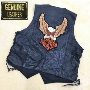 HARLEY-DAVIDSON ハーレーダビッドソン ジェニュインレザー レザーベスト バイクウェア イーグル 刺繍ロゴ スナップボタン メンズXL