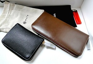 【未使用】「MURA」の財布2個（黒とブラウン）：ラウンドファスナー長財布とじゃばら財布
