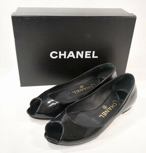 CHANEL シャネル パンプス オープントゥ エナメル キラキラ 黒 ブラック 夏 シューズ 靴 フット 箱 ロゴ G27114 サイズ 36 約23.5cm