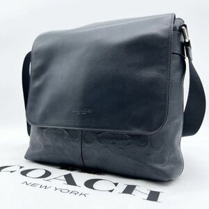 1円【未使用級】COACH コーチ ショルダーバッグ F72220 チャールズ デボスド シグネチャー エンボス 牛革 レザー ネイビー 斜め掛け メンズ