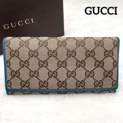 美品　GUCCI 長財布 キャンバス レザー GG柄　フラップ ターコイズブルー