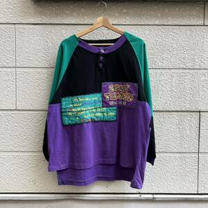 USED USA古着 デザインカットソー 長袖Tシャツ パッチワーク ヘンリーネック STAY TUNED アメリカ古着 vintage ヴィンテージ XL ロンT