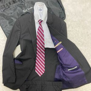 未使用級◎【伊】エルメネジルドゼニア×ポールスミス Ermenegildo Zegna Paul Smith スーツ ブラック ストライプ 本水牛釦 XL ジャケット