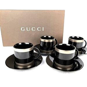 ★ 未使用 ◆ グッチ　GUCCI ブラック　メタリック カップ&ソーサー　4客 箱つき 廃盤　希少　レア