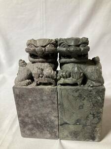 印材◆２点まとめて◆篆刻用◆獅子◆未使用◆高さ：14cm　5.8cm×5.8cm◆寿山石◆中国◆