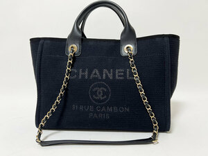 CHANEL シャネル ドーヴィル トートバッグ チェーンショルダーバッグ 2WAY キャンバス ブラック ゴールド金具 ポーチ プレート 美品