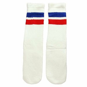 SkaterSocks キッズ 子供 ロングソックス 靴下 Kids White tube socks with Royal Blue-Red stripes style 2 (14インチ)