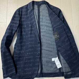 未使用並/XL相当★アルマーニ/ARMANI EXCHANGE ロゴ刺繍 総柄 デニムジャケット シングル テーラード インディゴ 襟裏プレート メンズ 紺