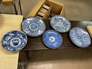 FJ0710 古伊万里 ① 5枚まとめ売り 染付 印判 藍 大皿 陶器 大量放出 在銘