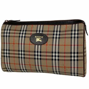 バーバリー BURBERRY ロゴ ポーチ チェック柄 メイク コスメ 小物入れ 化粧ポーチ キャンバス ベージュ ブラウン レディース 【中古】