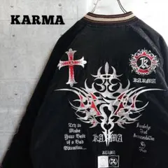 【KARMA】総刺繍 ベロア 中綿 スカジャン 黒 M ファイヤーパターン