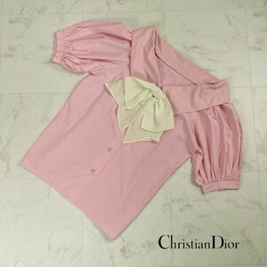 美品 Christian Dior クリスチャンディオール リボンコサージュ ビッグ襟 半袖ブラウスシャツ トップス レディース ピンク サイズS*OC228